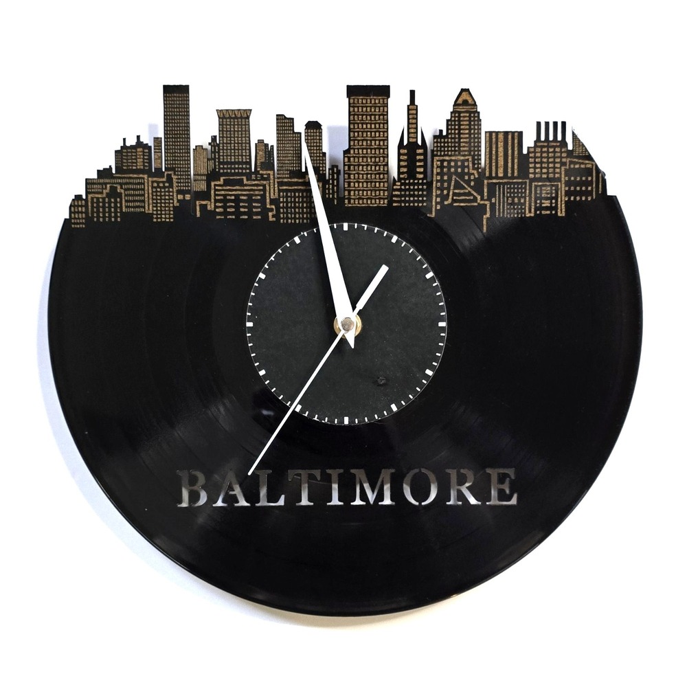 Baltimore Skyline Vinyl Record Wall Clock 12" Modern City/Upcycled Art